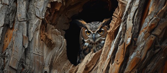owl looking out of his hole in a tree trunk - Powered by Adobe