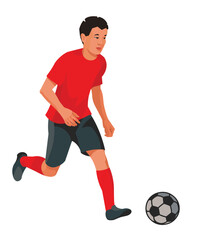 Figure of Vietnamese boy football player in red t-shirt stands upright with his foot on the ball