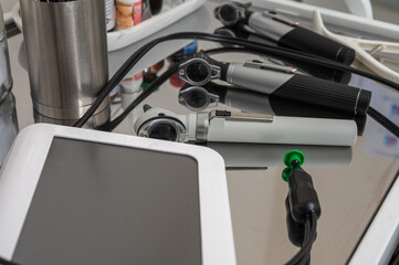 medical devices, tools in the otolaryngologist's office, background top view