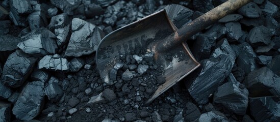 A shovel lies on top of a large pile of rocks, seemingly after being used for some heavy-duty work. The rocks are scattered around it, creating a rugged and industrial scene. - obrazy, fototapety, plakaty
