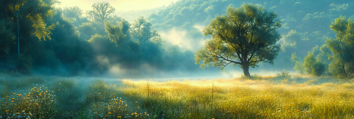 Fototapeta na wymiar Foggy Meadow. Enchanting Sunrise