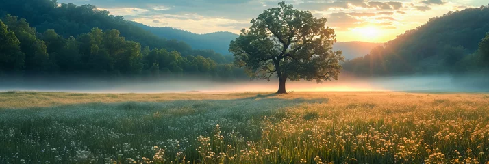 Fototapeten Foggy Meadow. Enchanting Sunrise © EwaStudio