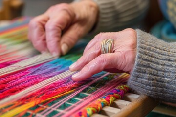 a woman with a ring on her finger is weaving yarn on a loom