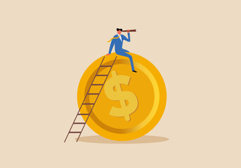 Economy forecast or vision, world financial or economics recession ahead, look to see future concept, businessman investor climb up ladder on a dollar coin look on telescope for clear vision