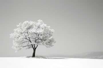 tree in a sparse and barren snowy landscape  - obrazy, fototapety, plakaty