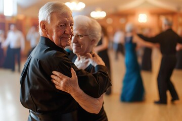 an elderly couple is dancing together on a dance floor