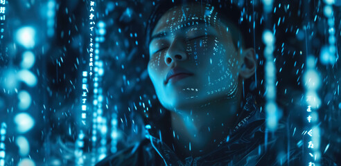 Young Asian man face, eyes closed, glowing blue abstract digital background. Artificial intelligence or technological transcendence concept. Generative AI - obrazy, fototapety, plakaty