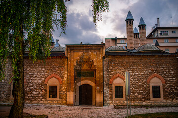 Gazi Husrev-beg Mosque Entrance and Twin Minarets in Sarajevo, Bosnia and Herzegovina