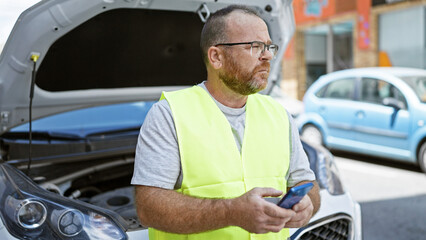 Handsome middle-aged bearded caucasian man in reflective vest texting insurance about car breakdown...