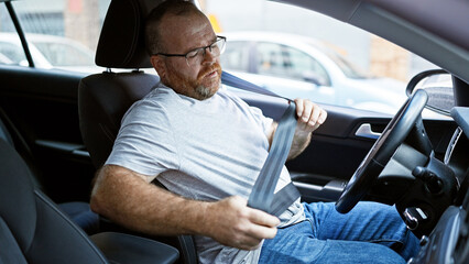 Handsome middle-aged caucasian man donning glasses, locking in car seat belt, ready for a road...