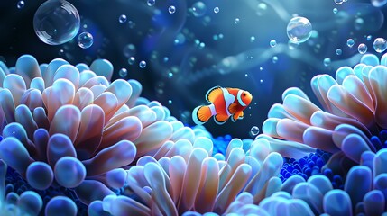 Vibrant clownfish swimming among coral reefs in a serene underwater scene, capturing the beauty of marine life. perfect for educational and decorative use. AI