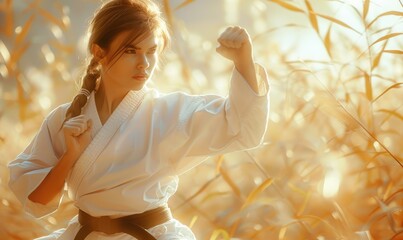 Beautiful female karate fighter in action