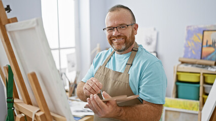 Smiling, confident caucasian man joyfully indulging in his art hobby, painting a canvas in a cozy...