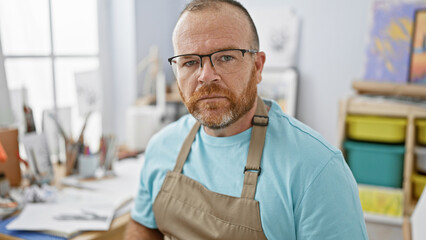 Handsome middle-aged caucasian man in apron, concentrated artist with beard, seriously sitting...