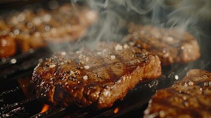 Meat steak grill cooking on fire. Background concept - obrazy, fototapety, plakaty