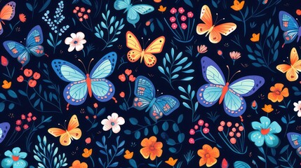 Illustration of colorful flowers with butterflies flying around.