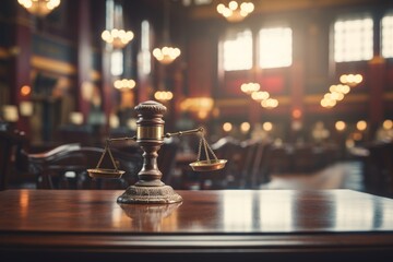 Judges bench on wooden table, courtroom, library background. Making a decision in court