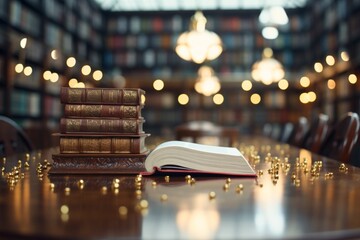 Judges bench on wooden table, courtroom, library background. Making a decision in court