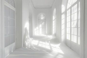 white hallway with bright sunlit windows - obrazy, fototapety, plakaty