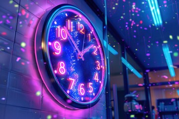 Neon-lit wall clock with a starry galaxy background amidst a vibrant, futuristic setting.