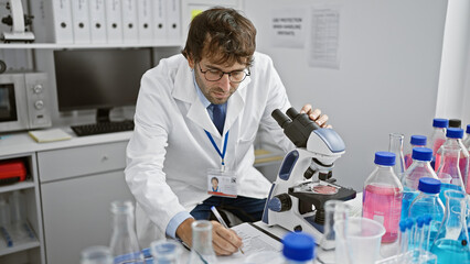 Serious young man scientist, a bearded blond, meticulously taking notes at lab table, engrossed in...