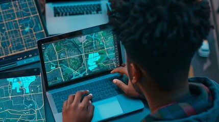 Young professional working on laptop with data analytics screen. modern workplace concept. tech savvy individual. AI