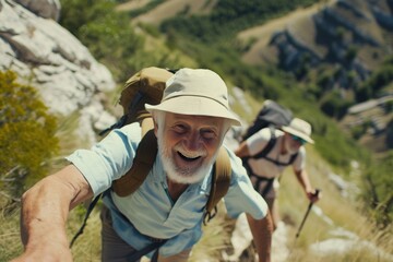 two older men are hiking up a mountain