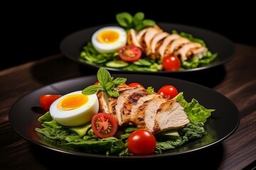 Rich salad plates of green leaves and vegetables with avocado or eggs, chicken and shrimp isolated on wooden table