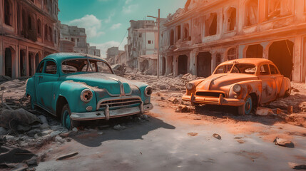 a fire of cars and burning vehicles in the ruins of a destroyed city