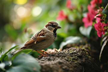 Fototapeta premium Sparrow on a branch in a morning light and blurry background