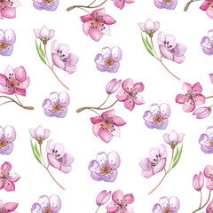 Spring watercolor pattern with cherry blossoms. Hand painted seamless pattern with Sakura flowers, leaves and buds.