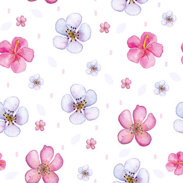Spring watercolor pattern with cherry blossoms. Hand painted seamless pattern with Sakura flowers, leaves and buds.