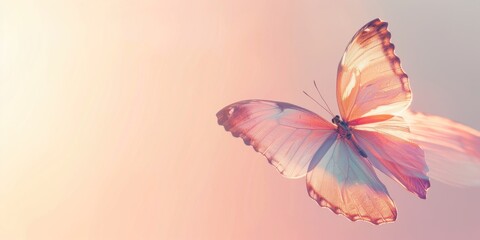 A radiant butterfly with translucent wings against a soft pastel backdrop illuminated by a gentle light. Place for text