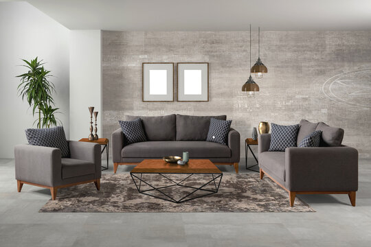 3D rendering of modern living room .modern furniture set.