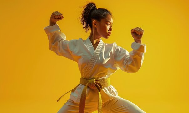 Beautiful female karate fighter in action