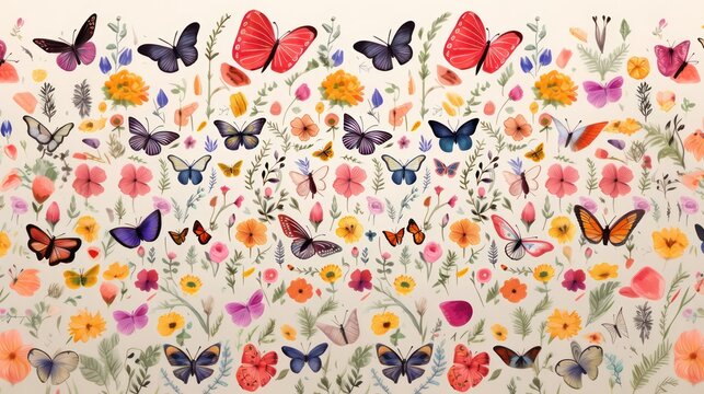 Illustration of colorful flowers with butterflies flying around.