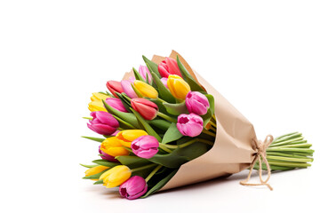 Vibrant spring tulip bouquet in pink, red and yellow with eco-friendly packaging on white background - 745408542
