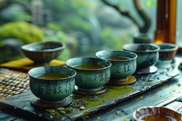 Row of traditional Japanese matcha tea bowls on a wooden table with calligraphy, in a serene setting with a garden view.