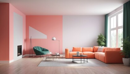 A 3D render of a modern home interior decorated in the hottest colors for 2024