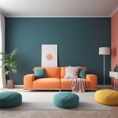 A 3D render of a modern home interior decorated in the hottest colors for 2024
