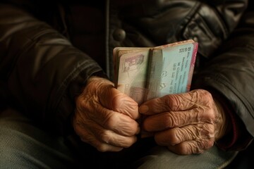 The elderly mans wrinkled fingers grasp a handful of money - obrazy, fototapety, plakaty