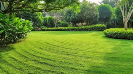 Green carpet grass smooth lawn in garden with row of bush and trees on the background. AI Generated