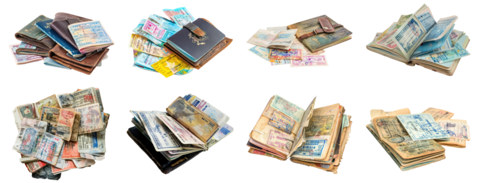 Set of stacked passports and wallets with travel visas, cut out - stock png. - Powered by Adobe