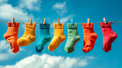 Hanging Socks in Vibrant Hues. Choreography of Colors
