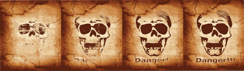 Skull vector illustrations. Danger skull on vintage retro paper textures