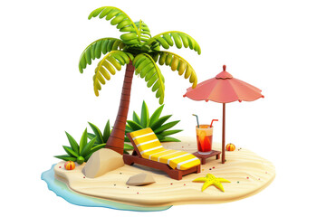 Tropical beach relaxation with umbrella and lounge chair, cut out - stock png.