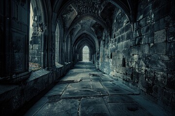 Rays of light filtering through an arched corridor of an ancient stone cloister, creating a dramatic play of light and shadows.