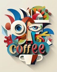 Abstract cubistic simple and cartoonish character, text "coffee" coffee cup, cut out like paper collage, shapes make up eyes mouth, and each shape drops shadow to background . Ironic funny poster.