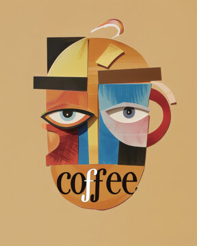 Abstract cubistic simple and cartoonish character, text "coffee" coffee cup, cut out like paper collage, shapes make up eyes mouth, and each shape drops shadow to background . Ironic funny poster.