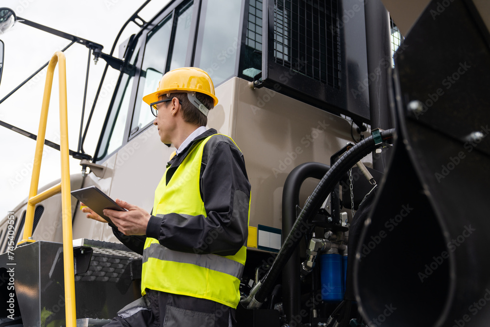 Poster Engineer with tablet computer stands on the stairs to the cab of a truck..